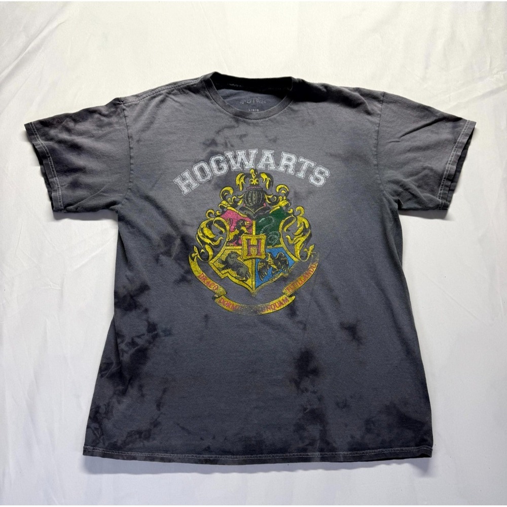 Harry Potter T-Shirt Mens Gray Large Tie Dye Hogwarts Crest Graphic Crew Neck